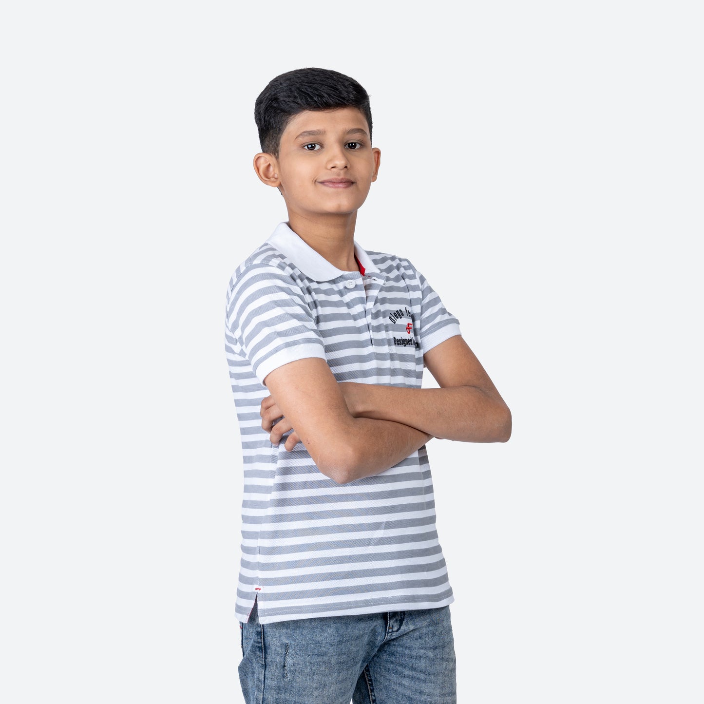 Boys Grey Striped Polo T-Shirt | Stylish Kids Wear