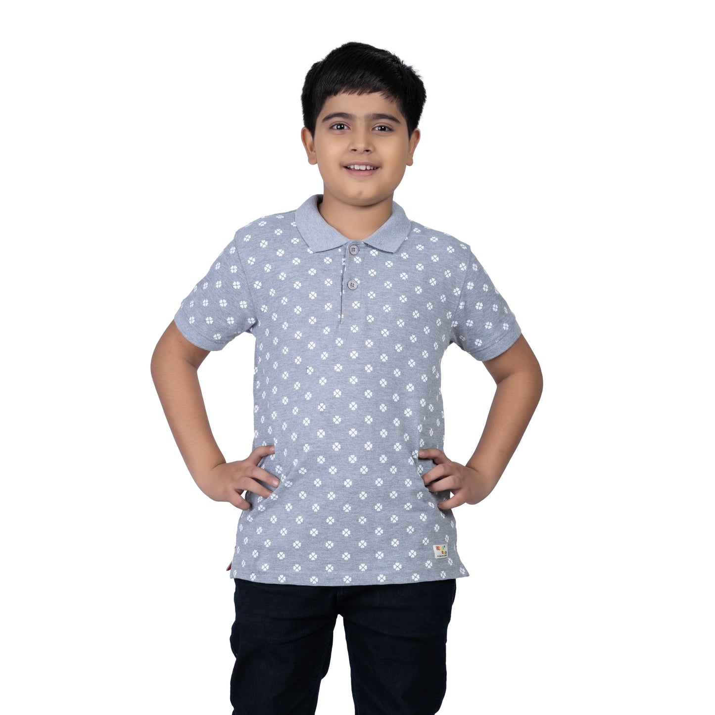 Boys Grey Printed Polo T-Shirt | AOP Casual Wear (2–16 Years)