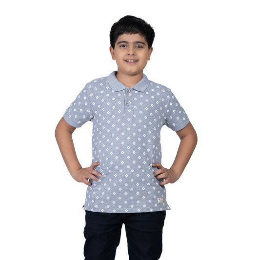 Boys Grey Printed Polo T-Shirt | AOP Casual Wear (2–16 Years)