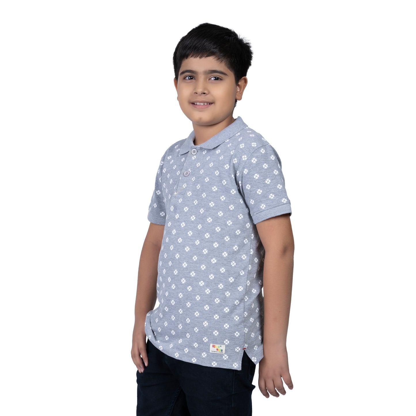 Boys Grey Printed Polo T-Shirt | AOP Casual Wear (2–16 Years)