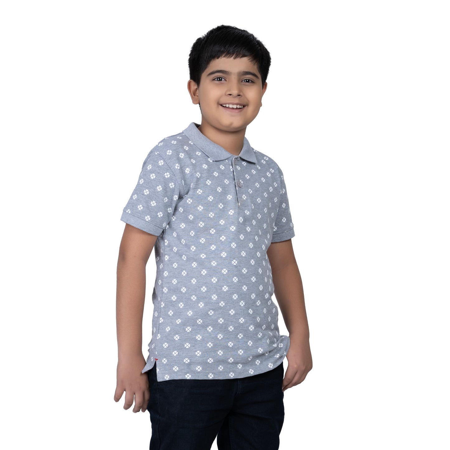 Boys Grey Printed Polo T-Shirt | AOP Casual Wear (2–16 Years)