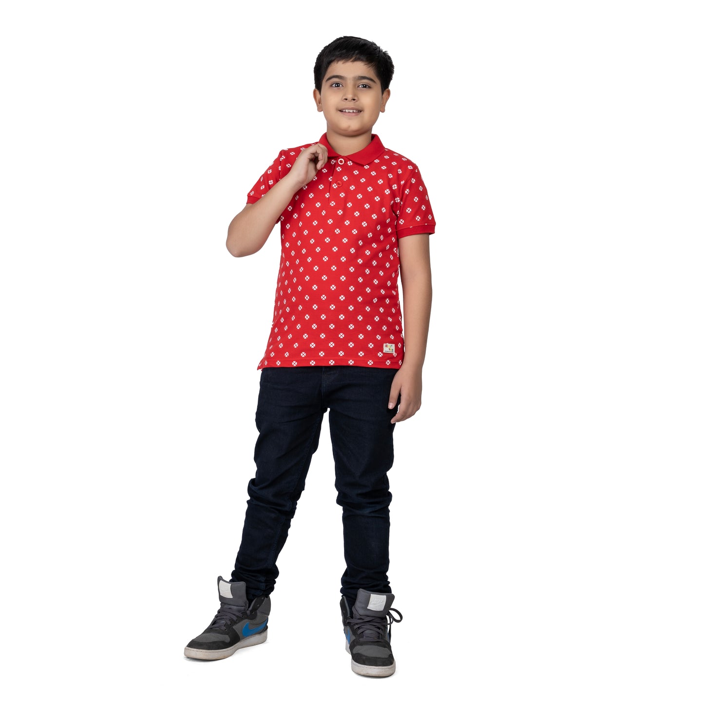 Boys Red Printed Polo T-Shirt | AOP Casual Wear (2–16 Years)