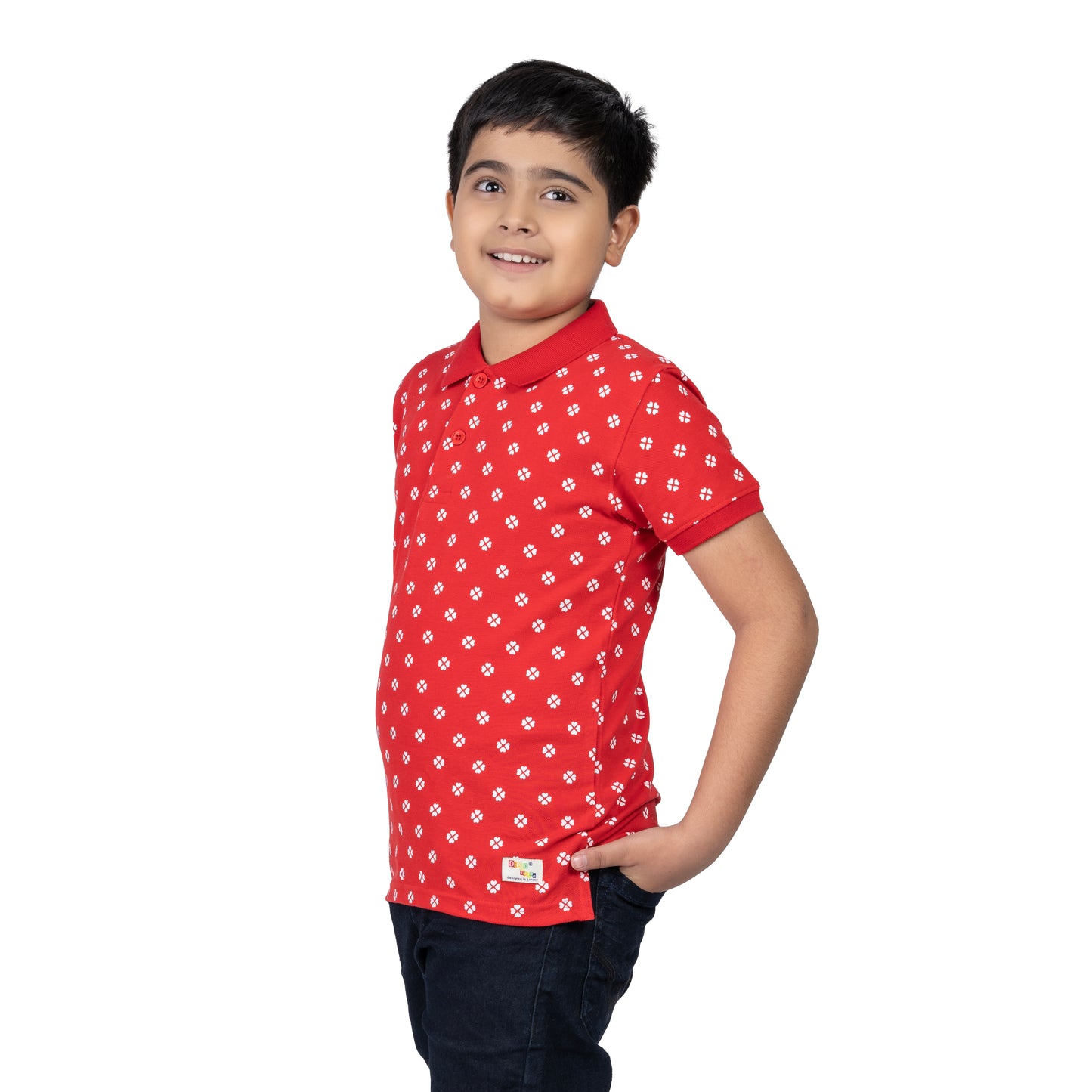 Boys Red Printed Polo T-Shirt | AOP Casual Wear (2–16 Years)