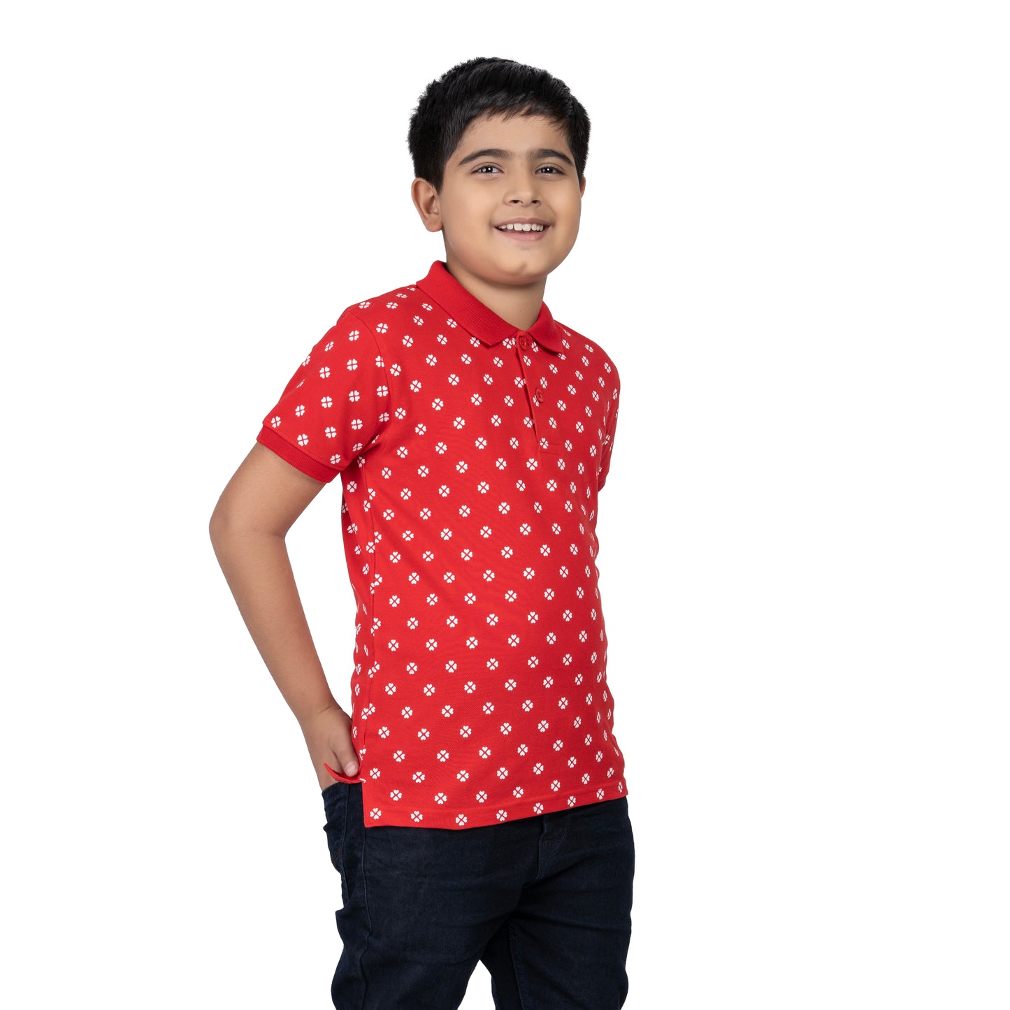 Boys Red Printed Polo T-Shirt | AOP Casual Wear (2–16 Years)