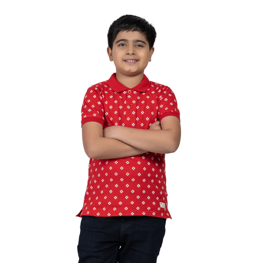 Boys Red Printed Polo T-Shirt | AOP Casual Wear (2–16 Years)