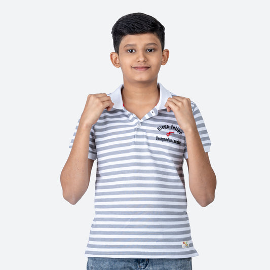 Boys Grey Striped Polo T-Shirt | Stylish Kids Wear